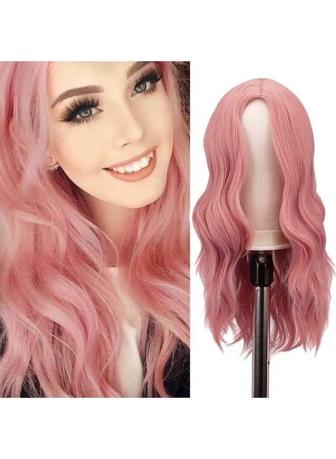 FESHFEN باروكات وردية طويلة للنساء بطول 22 بوصة، باروكات مجعدة ومتموجة، باروكات كاملة بتقسيم وسطي، باروكات صناعية تبدو طبيعية، إكسسوارات للعب الأدوار اليومية - Image 1