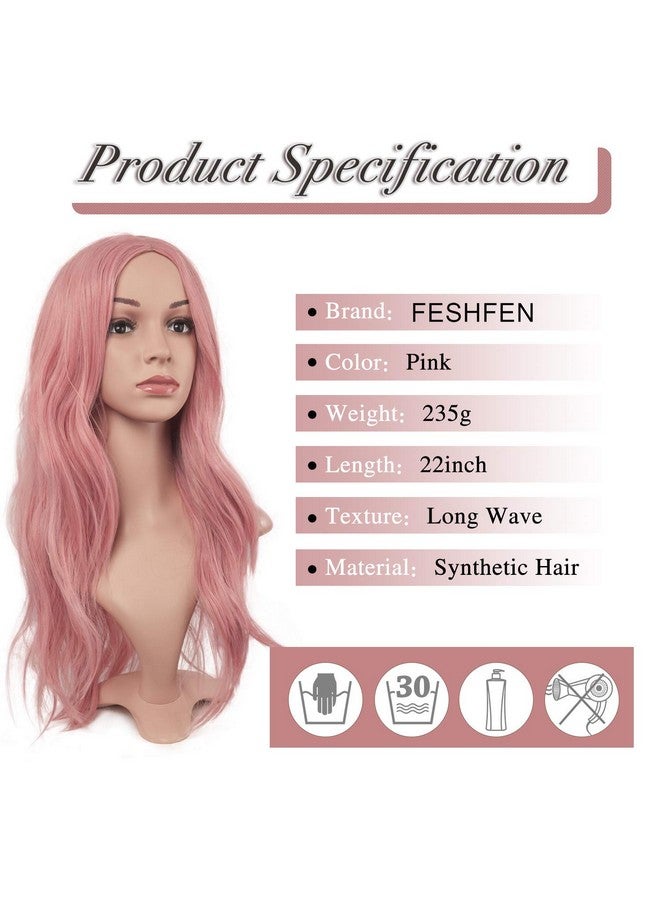 FESHFEN باروكات وردية طويلة للنساء بطول 22 بوصة، باروكات مجعدة ومتموجة، باروكات كاملة بتقسيم وسطي، باروكات صناعية تبدو طبيعية، إكسسوارات للعب الأدوار اليومية - Image 5