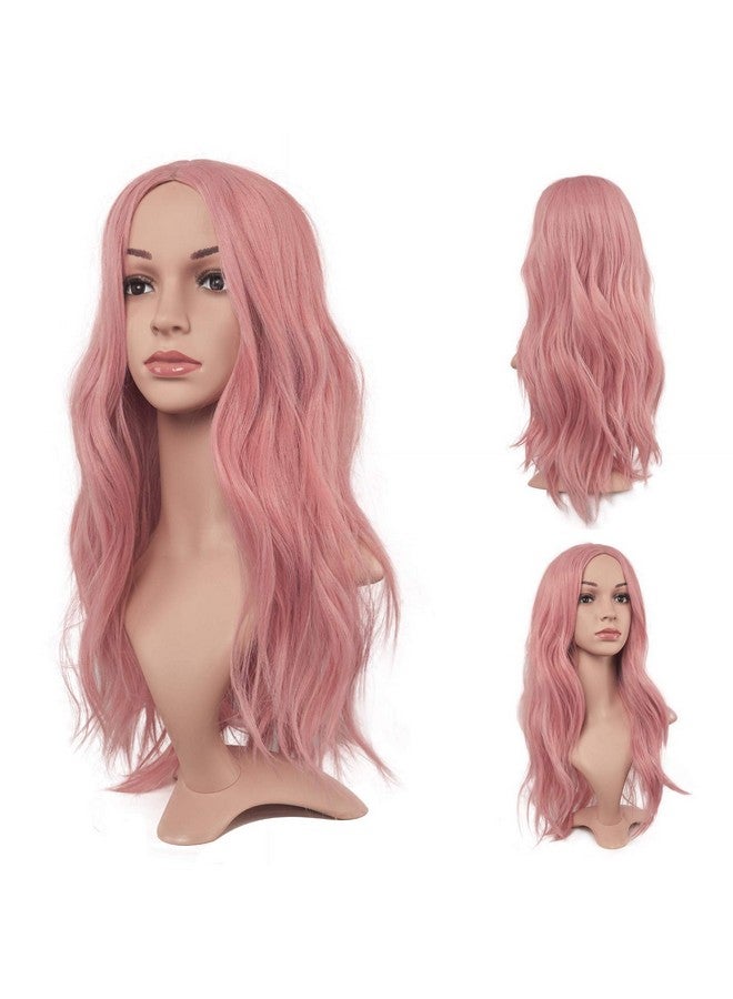 FESHFEN باروكات وردية طويلة للنساء بطول 22 بوصة، باروكات مجعدة ومتموجة، باروكات كاملة بتقسيم وسطي، باروكات صناعية تبدو طبيعية، إكسسوارات للعب الأدوار اليومية - Image 3