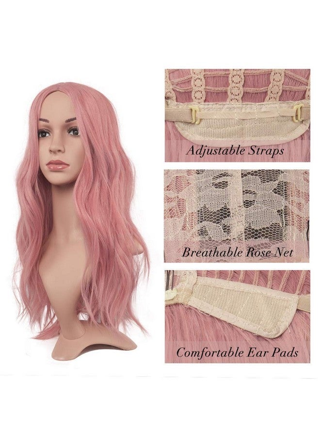 FESHFEN باروكات وردية طويلة للنساء بطول 22 بوصة، باروكات مجعدة ومتموجة، باروكات كاملة بتقسيم وسطي، باروكات صناعية تبدو طبيعية، إكسسوارات للعب الأدوار اليومية - Image 4