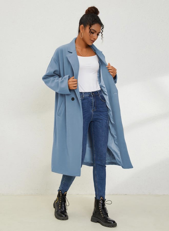 UANEO Women's Wool Blend Coat Oversized Double Breasted Long Trench Overcoat Winter, Blue, M - Image 3