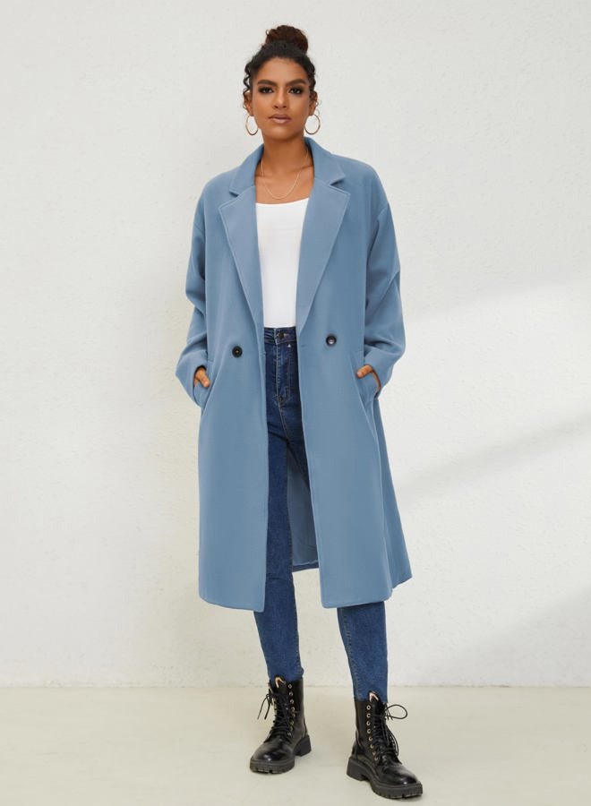 UANEO Women's Wool Blend Coat Oversized Double Breasted Long Trench Overcoat Winter, Blue, M - Image 2
