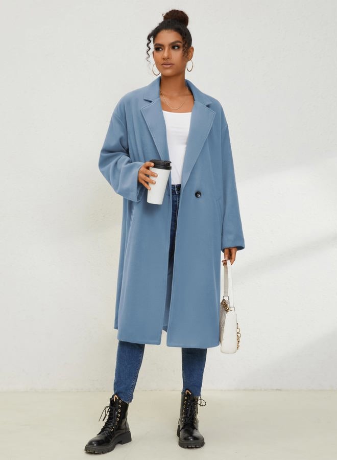 UANEO Women's Wool Blend Coat Oversized Double Breasted Long Trench Overcoat Winter, Blue, M - Image 4