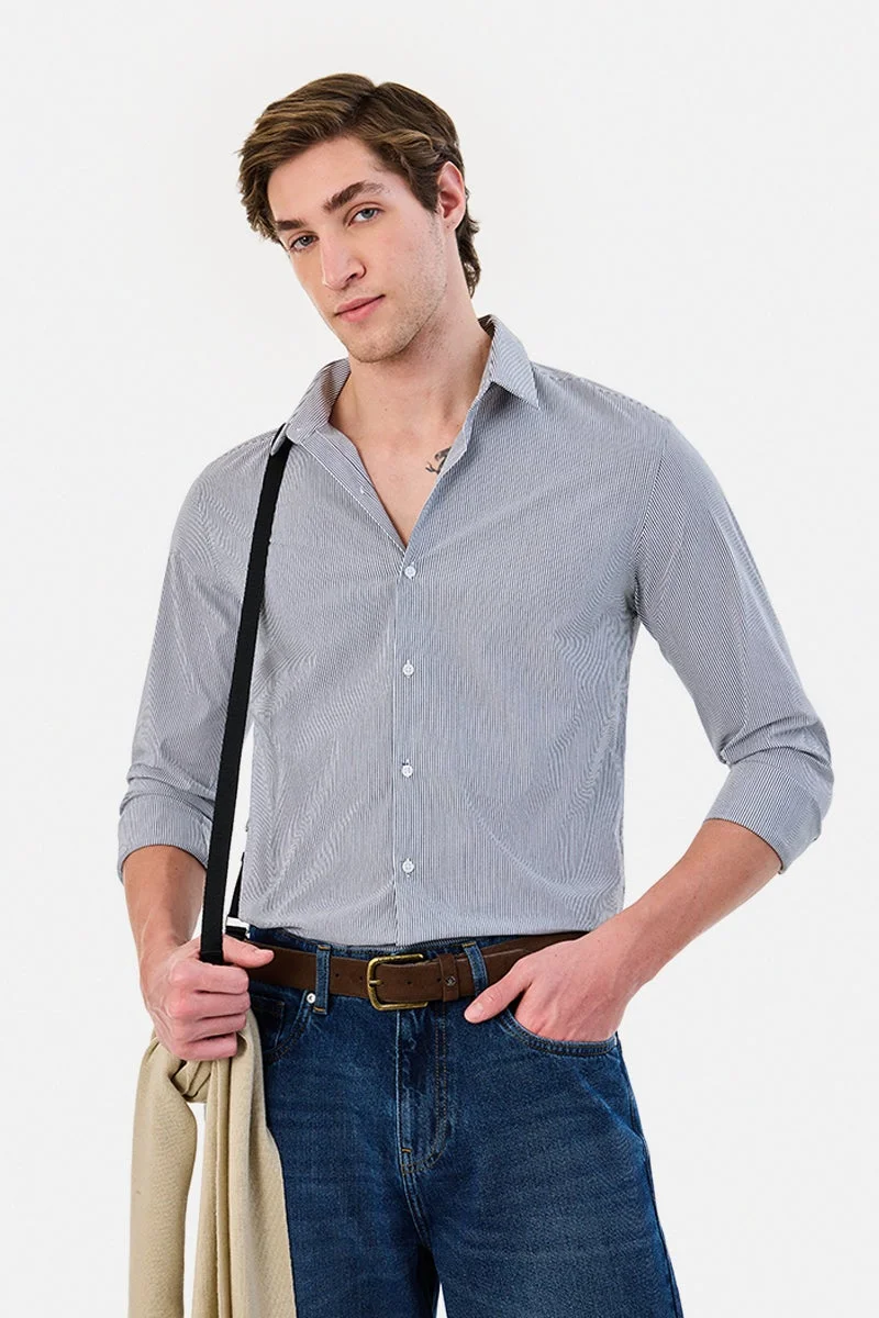 سنيتش Black Striped Long Sleeve Slim Fit Shirt