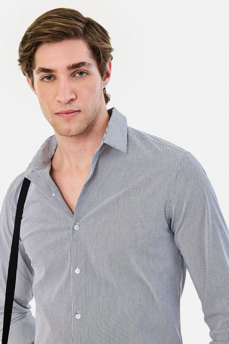 سنيتش Black Striped Long Sleeve Slim Fit Shirt