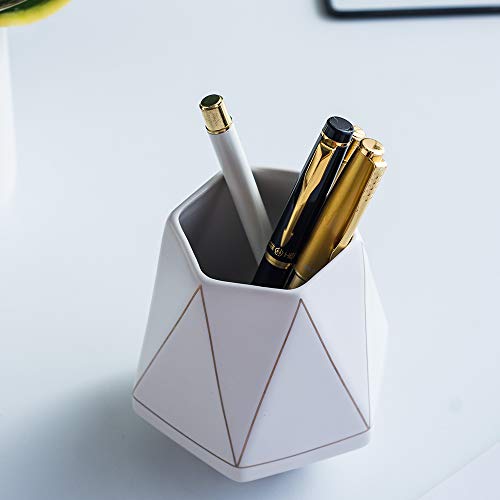 YOSCO Ceramic Desk Cute Pen Holder Stand Gold Line Pencil Cup Pot Desk Organizer Makeup Brush Holder (White) - Image 3