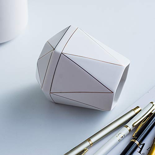 YOSCO Ceramic Desk Cute Pen Holder Stand Gold Line Pencil Cup Pot Desk Organizer Makeup Brush Holder (White) - Image 4