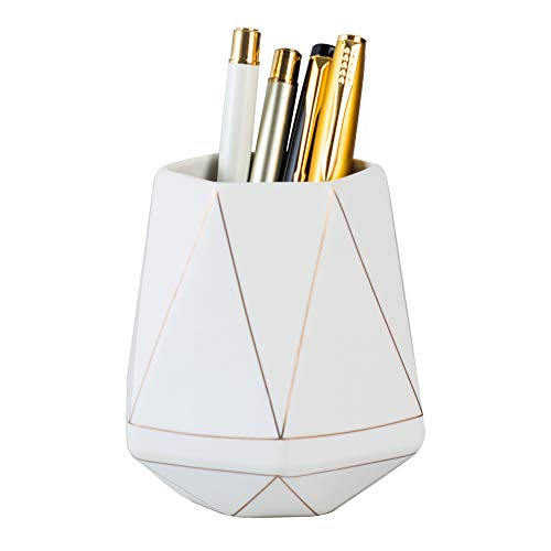 YOSCO Ceramic Desk Cute Pen Holder Stand Gold Line Pencil Cup Pot Desk Organizer Makeup Brush Holder (White) - Image 1