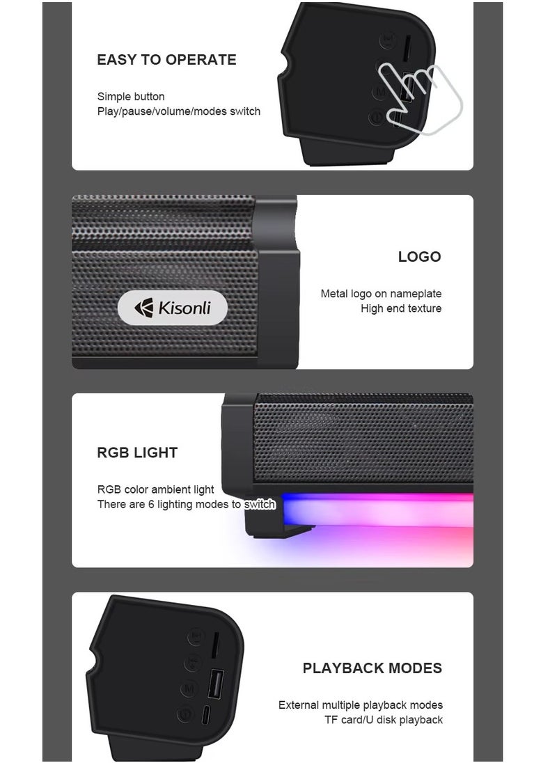 Kisonli - LED-802 Bluetooth Soundbar Speaker - Wireless Stereo Sound 10W ( 5W*2 ) - RGB Lighting  - Input BT V5.3 , TF card , USB Playback - 1200mAh Battery (3 : 5 hours ) Chargeable DC-5V - Image 1