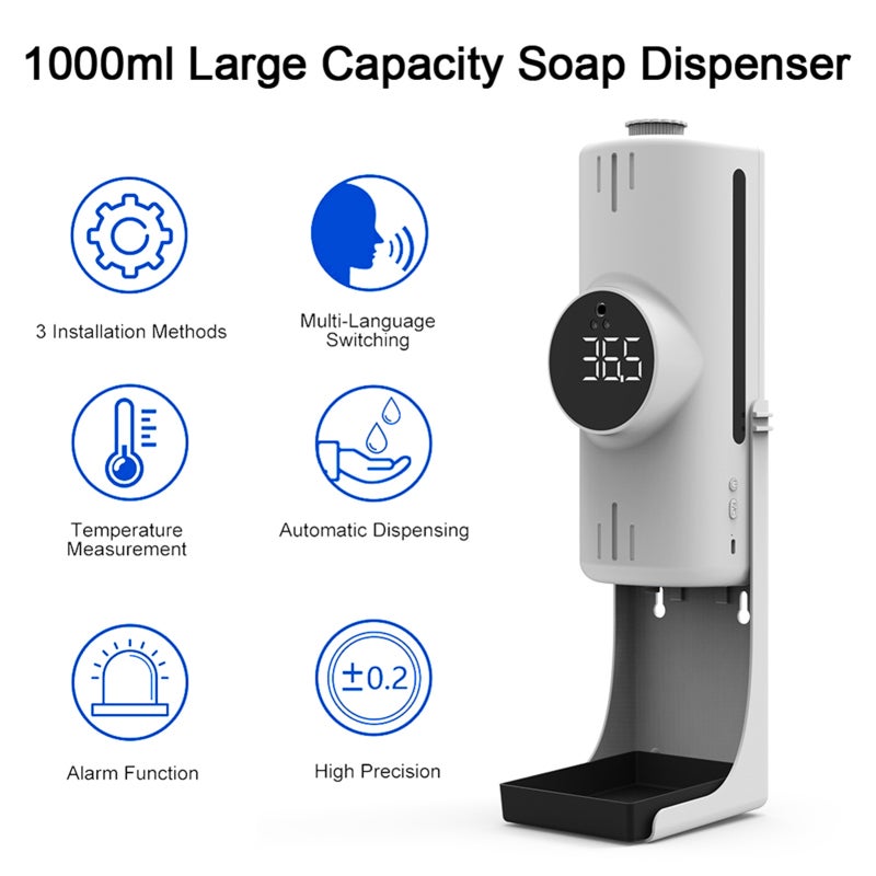 1000ml Wall Mounted Automatic Soap Dispenser 2-in-1 Touchless Hand Sanitizer Dispenser - Large LCD Screen Infrared Thermometer with High Temperature Alarm for Home Hotel School Office Use - Image 3