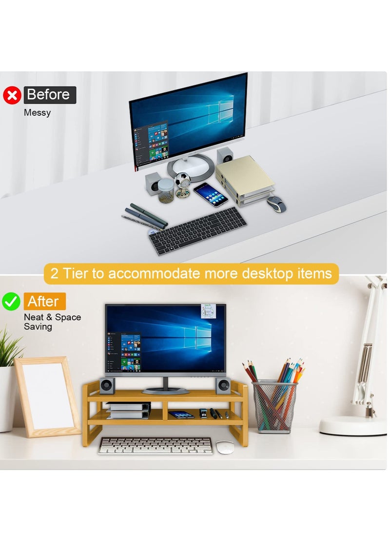Wood Monitor Stand Riser with 2 Tiers Storage Space for PC Computer Laptop Printer