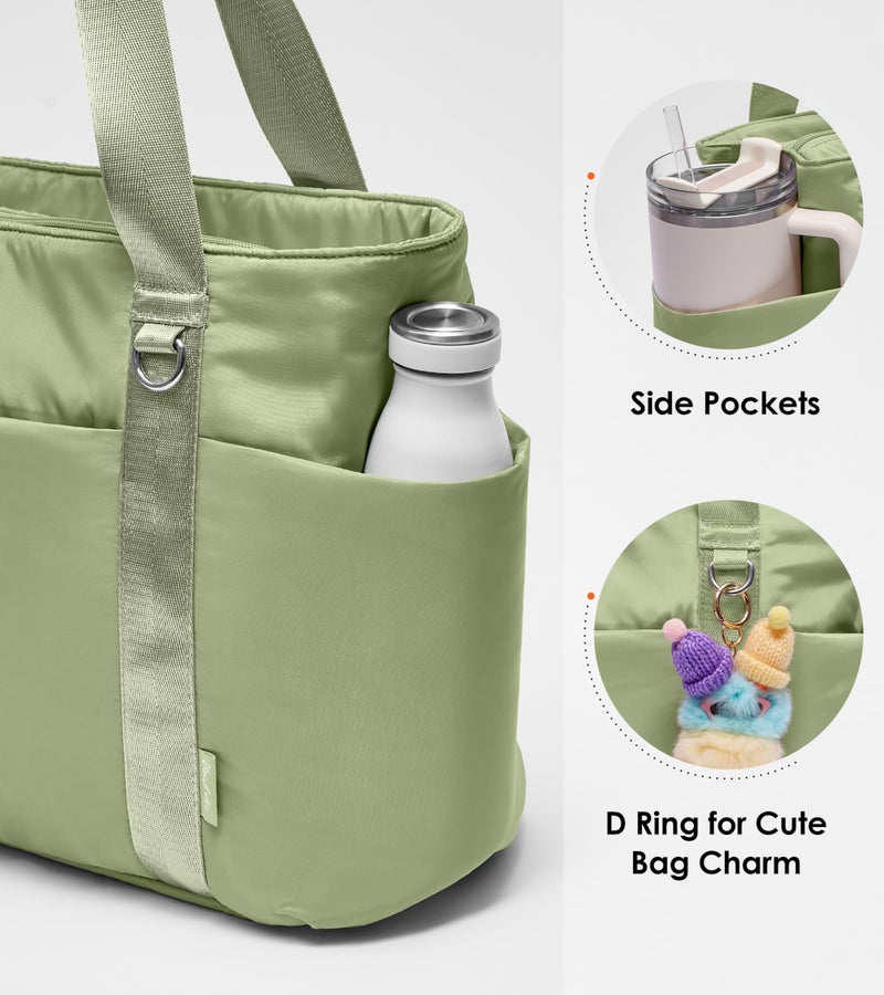 Uselike Puffer Tote Bag for Women with Zipper, Lightweight Work Bags for Women, Shoulder Bag with Compartments for Travel (Sage Green) - Image 3