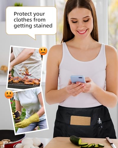 Xeoxarel Server Aprons with 4 Pockets, Unisex Waitress Waiter Waist Apron for Women and Man Half Black 11.5'' - Image 4
