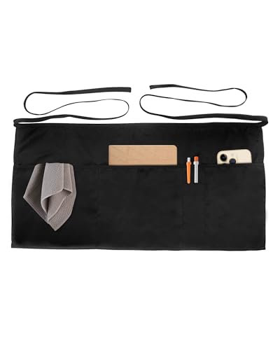 Xeoxarel Server Aprons with 4 Pockets, Unisex Waitress Waiter Waist Apron for Women and Man Half Black 11.5'' - Image 1