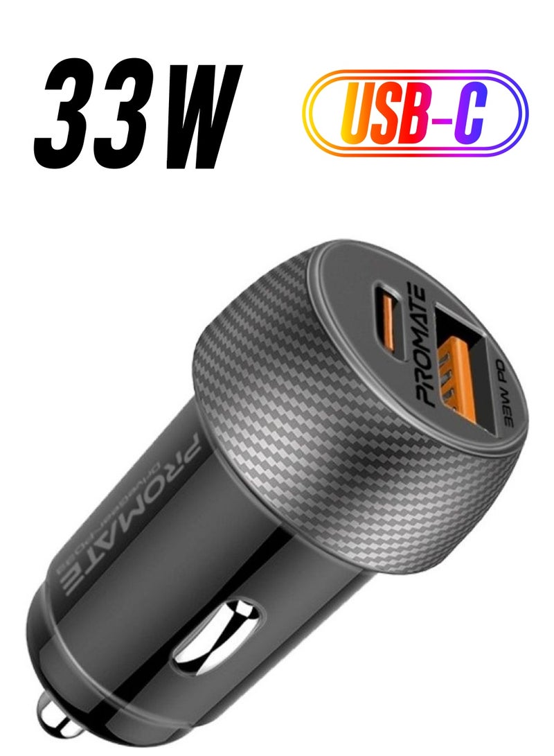 PROMATE USB-C Car Charger, Ultra-Compact Dual Port Adapter With Super-Fast 33W USB Type-C Power Delivery Port And High-Speed 18W Qualcomm QC 3.0 USB Port, For iPhone 14, iPad Air Black - Image 1