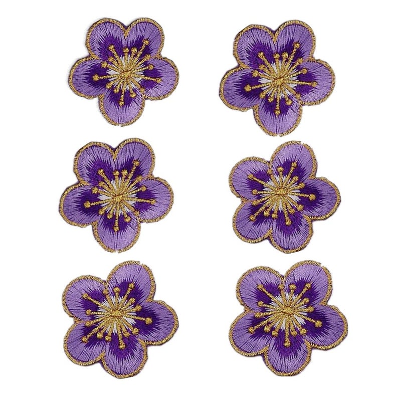 6pcs Small Plum Iron on Patches Flower with Gold Trimming Decorative Embroidered Fabric Applique for Jewellery Making Outfit Garment EmbellishmentPurple