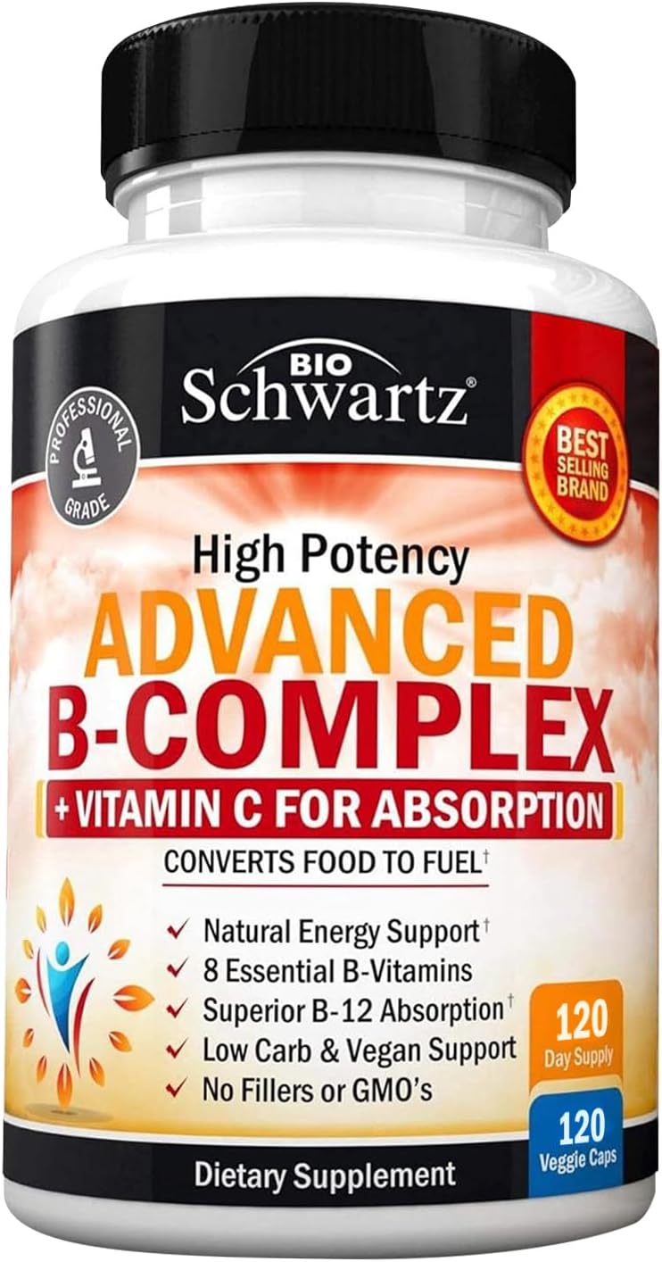 BioSchwartz Vitamin B Complex with Vitamin C for Maximum Absorption  Methylcobalamin b12  Folate Folic Acid Supplement  B1 B2 B3 B5 B6 B7 B9 for Immune Energy  Nervous System Support  NonGMO 120 count - Image 1