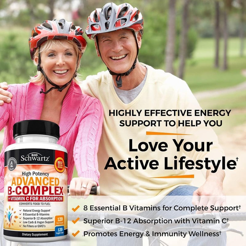 BioSchwartz Vitamin B Complex with Vitamin C for Maximum Absorption  Methylcobalamin b12  Folate Folic Acid Supplement  B1 B2 B3 B5 B6 B7 B9 for Immune Energy  Nervous System Support  NonGMO 120 count - Image 2