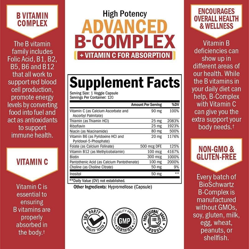 BioSchwartz Vitamin B Complex with Vitamin C for Maximum Absorption  Methylcobalamin b12  Folate Folic Acid Supplement  B1 B2 B3 B5 B6 B7 B9 for Immune Energy  Nervous System Support  NonGMO 120 count - Image 3