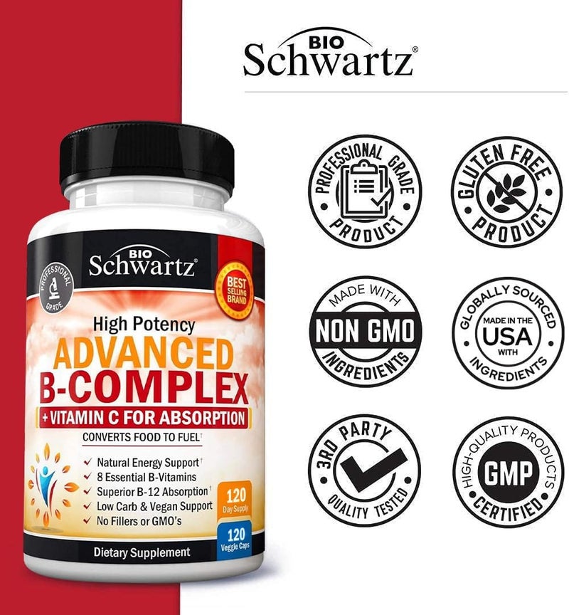 BioSchwartz Vitamin B Complex with Vitamin C for Maximum Absorption  Methylcobalamin b12  Folate Folic Acid Supplement  B1 B2 B3 B5 B6 B7 B9 for Immune Energy  Nervous System Support  NonGMO 120 count - Image 5