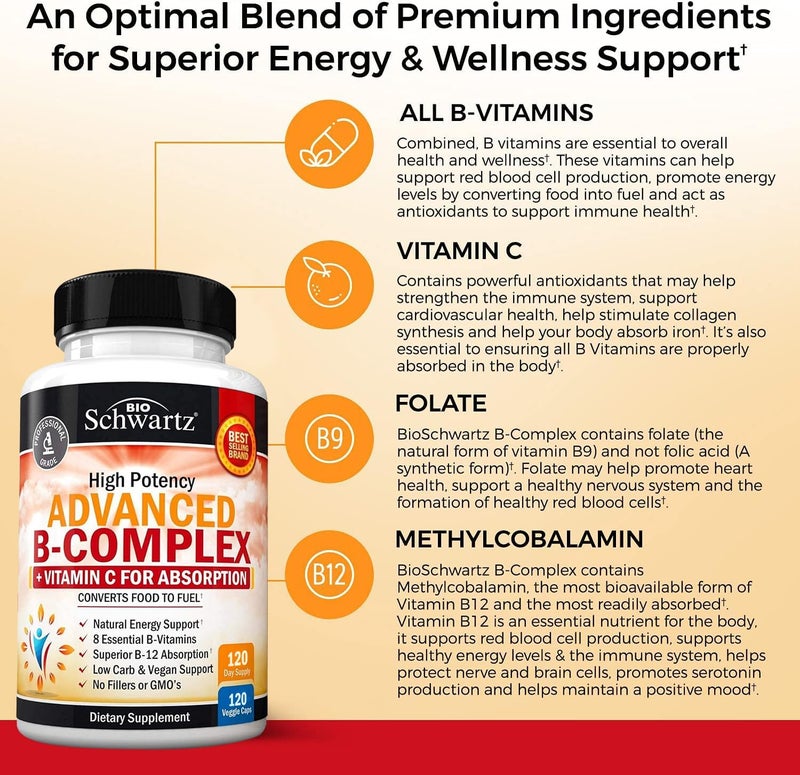 BioSchwartz Vitamin B Complex with Vitamin C for Maximum Absorption  Methylcobalamin b12  Folate Folic Acid Supplement  B1 B2 B3 B5 B6 B7 B9 for Immune Energy  Nervous System Support  NonGMO 120 count - Image 4