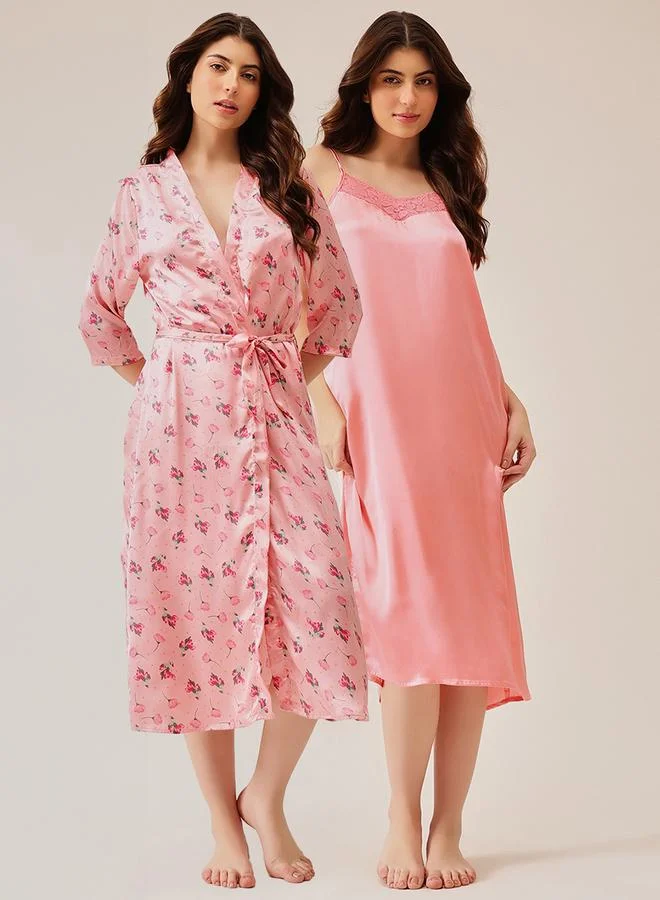 Clovia Pack of 2 - Floral Satin Robe and Slip Dress