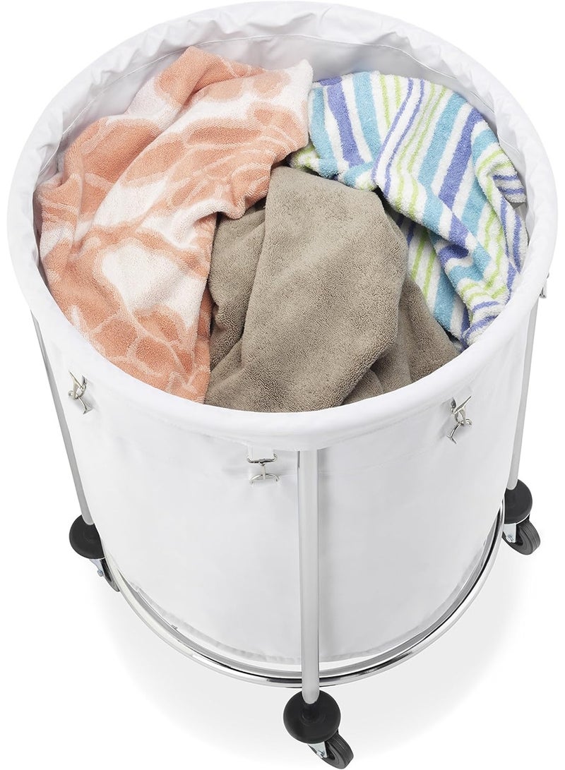 BIONEX Commercial Round Laundry Hamper with Removable Liner & Heavy-Duty Chrome Wheels – Silver & White - Image 2