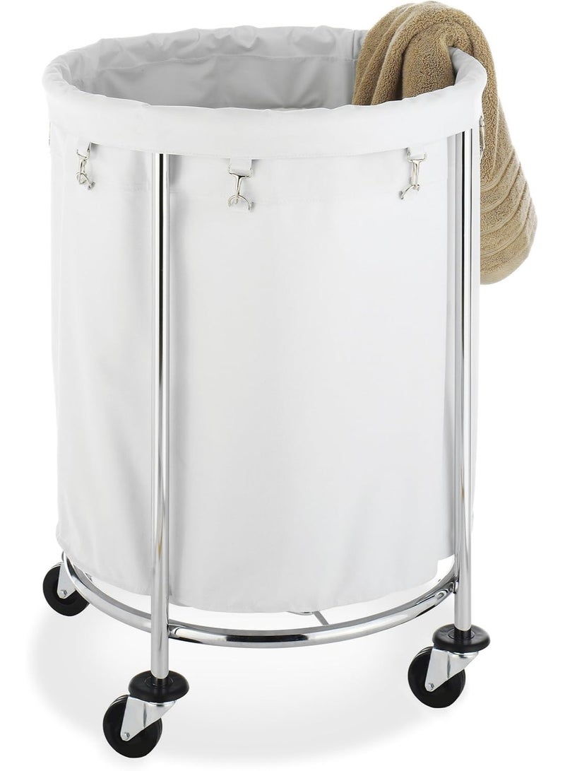 BIONEX Commercial Round Laundry Hamper with Removable Liner & Heavy-Duty Chrome Wheels – Silver & White - Image 1
