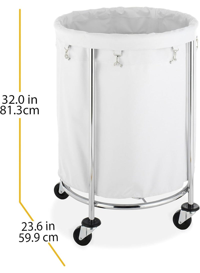 BIONEX Commercial Round Laundry Hamper with Removable Liner & Heavy-Duty Chrome Wheels – Silver & White - Image 4