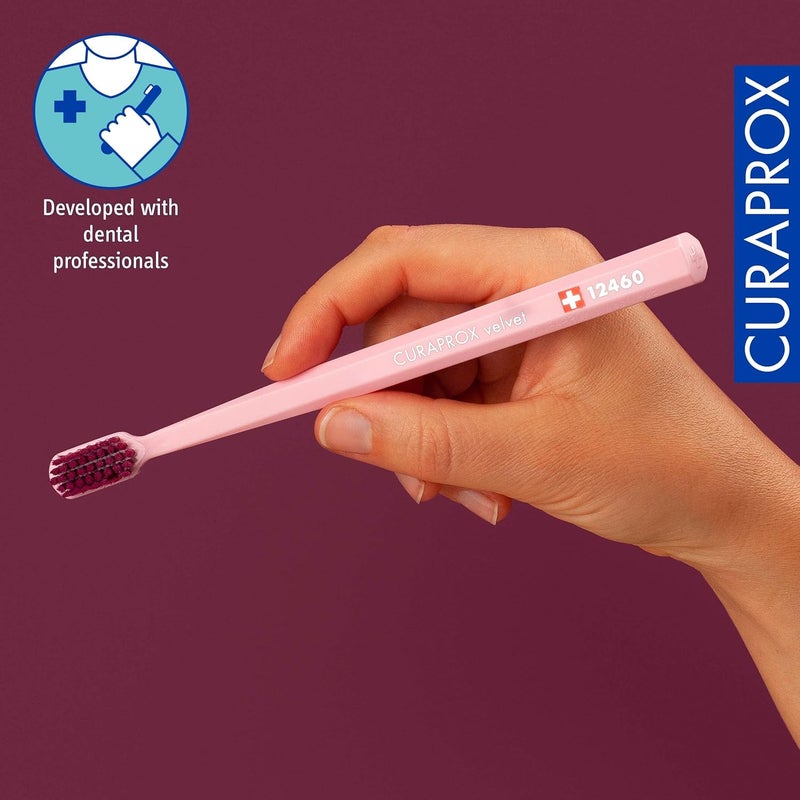 CURAPROX CS 12460 Velvet Toothbrush - Ultra Soft Manual Toothbrush for Adults with 12460 Super Soft Curen Bristles - Pink/Fuchsia Red - Image 3