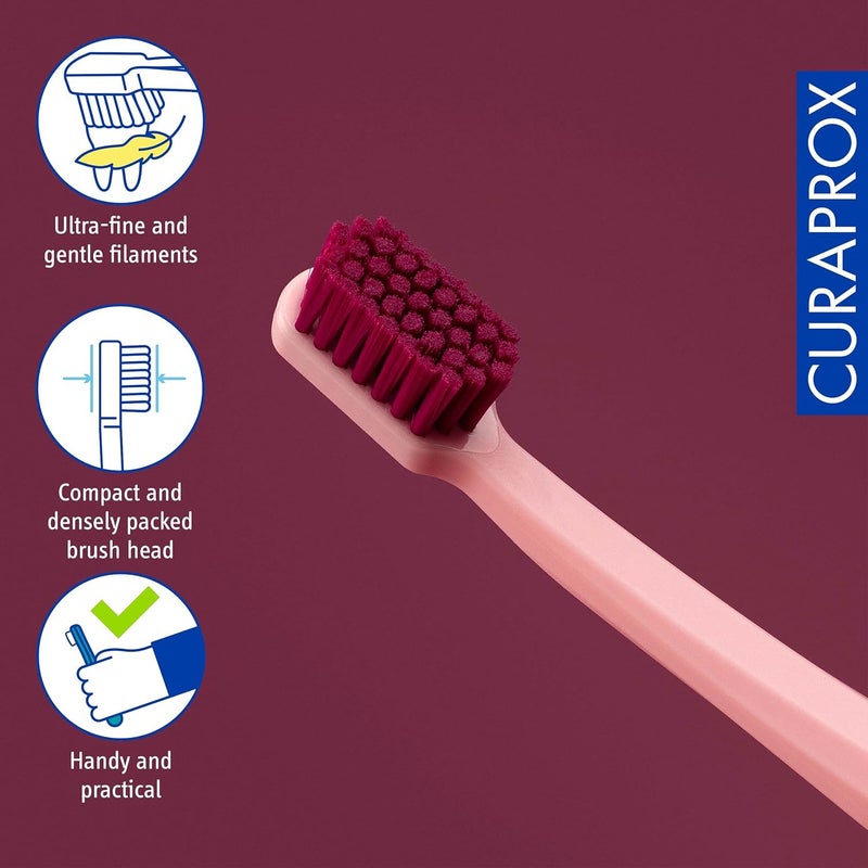 CURAPROX CS 12460 Velvet Toothbrush - Ultra Soft Manual Toothbrush for Adults with 12460 Super Soft Curen Bristles - Pink/Fuchsia Red - Image 2