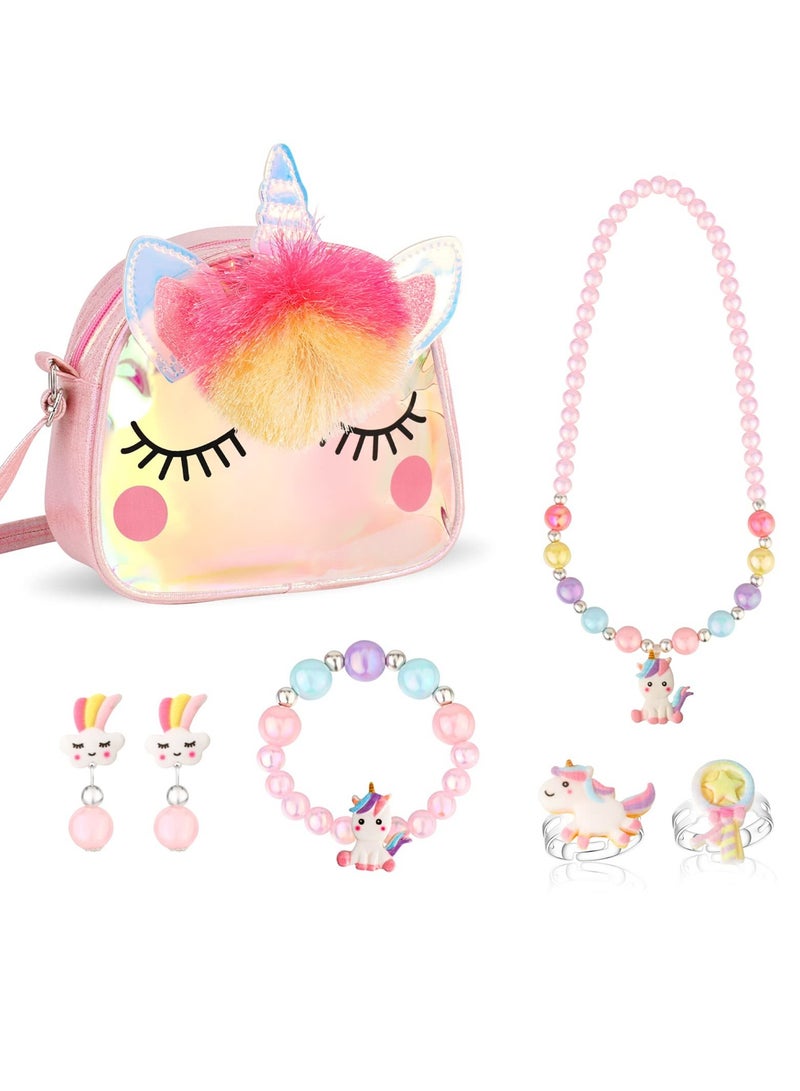 إكسفور Unicorn Crossbody Bag, Purse with Jewelry Set Little Girls, Unicorn Princess Necklace Bracelet Rings Earrings Handbag Accessories, Jewelry Party Favors Gift Dress Up - Image 1