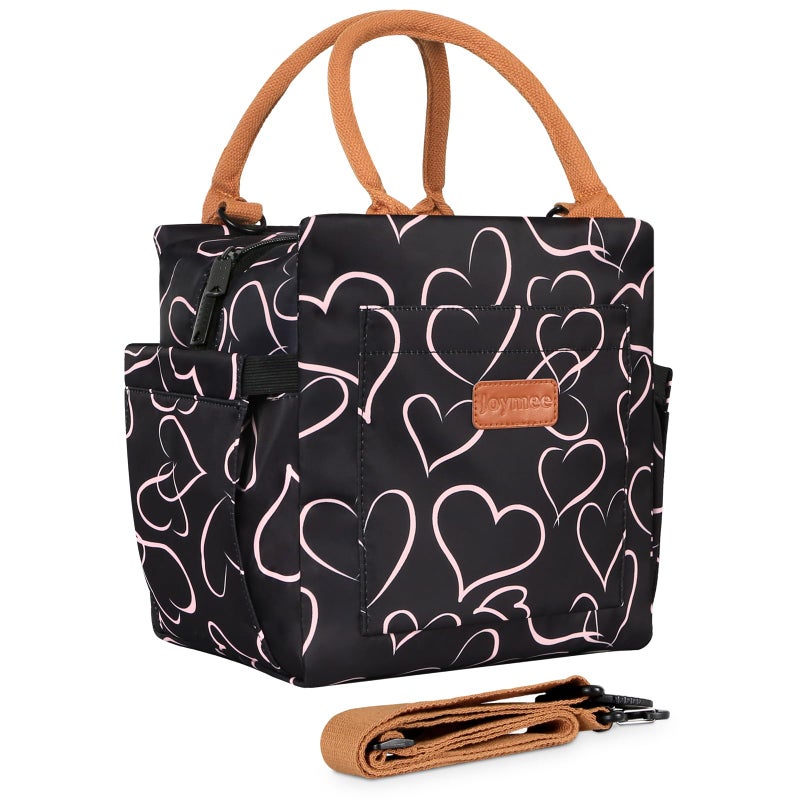 Joymee Lunch Bag Women Insulated Lunch Box with Adjustable Shoulder Strap Large Reusable Leakproof Spacious Cooler Tote for Women Men Adult with Bottle Holder and Side Pockets Love Heart