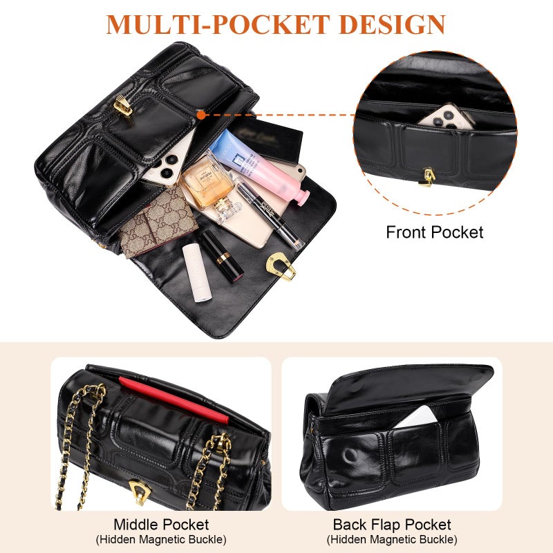 Over Earth Quilted Leather Crossbody Bags for Women Designer Trendy Shoulder Bag Small Chain Purse(O231E Black) - Image 5