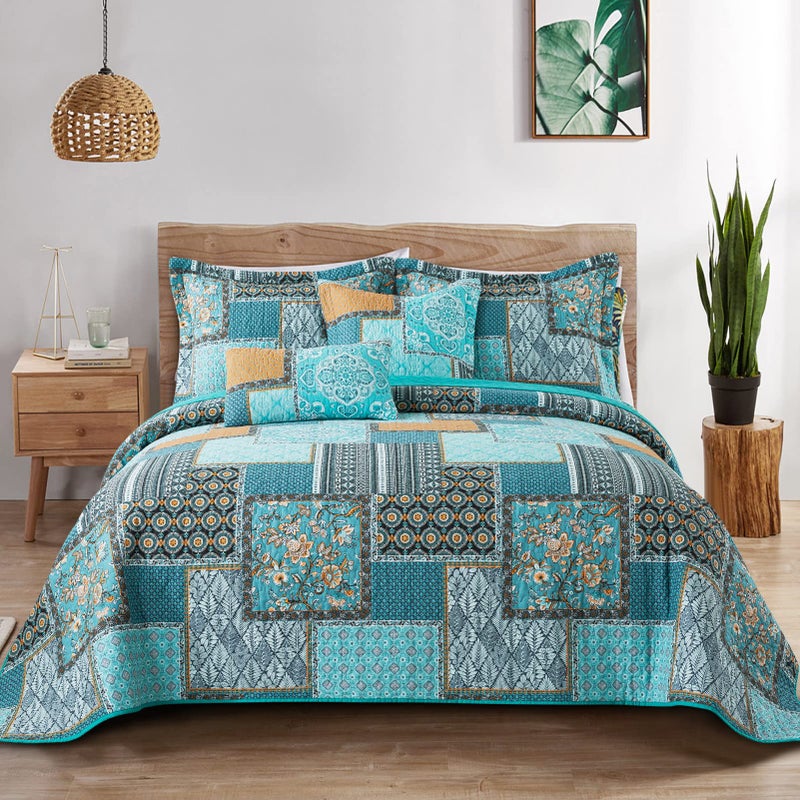 غطاء سرير كوين من BEDIFANY قطن خفيف الوزن بحجم كوين، غطاء مزخرف بلون أخضر مزرق، مجموعة أغطية سرير كوين لتزيين الأسرة لجميع الفصول، 3 قطع