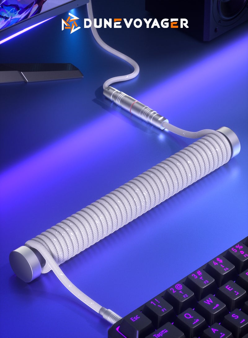 مسافر الكثبان AC1 كابل كيبورد ملتف Aviator USB-C إلى USB-A، كابل لوحة مفاتيح ميكانيكية TPU مع موصل Aviator معدني قابل للفصل وقضيب تثبيت من الألومنيوم الصلب، كابل كيبورد مخصص متوافق مع Mechanical وMagnetic Switch Keyboard للألعاب، اللون الأبيض - Image 1