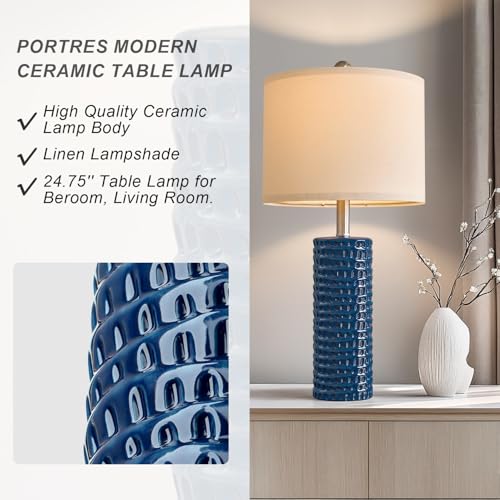 PORTRES 24.75" Modern Accent Ceramic Table Lamp Set of 2 for Bedroom Desk Decor Bedside Lamps for Living Room Study Room Office Dorm Farmhouse Nightstand Lamp End Table Lamps (Blue) - Image 4