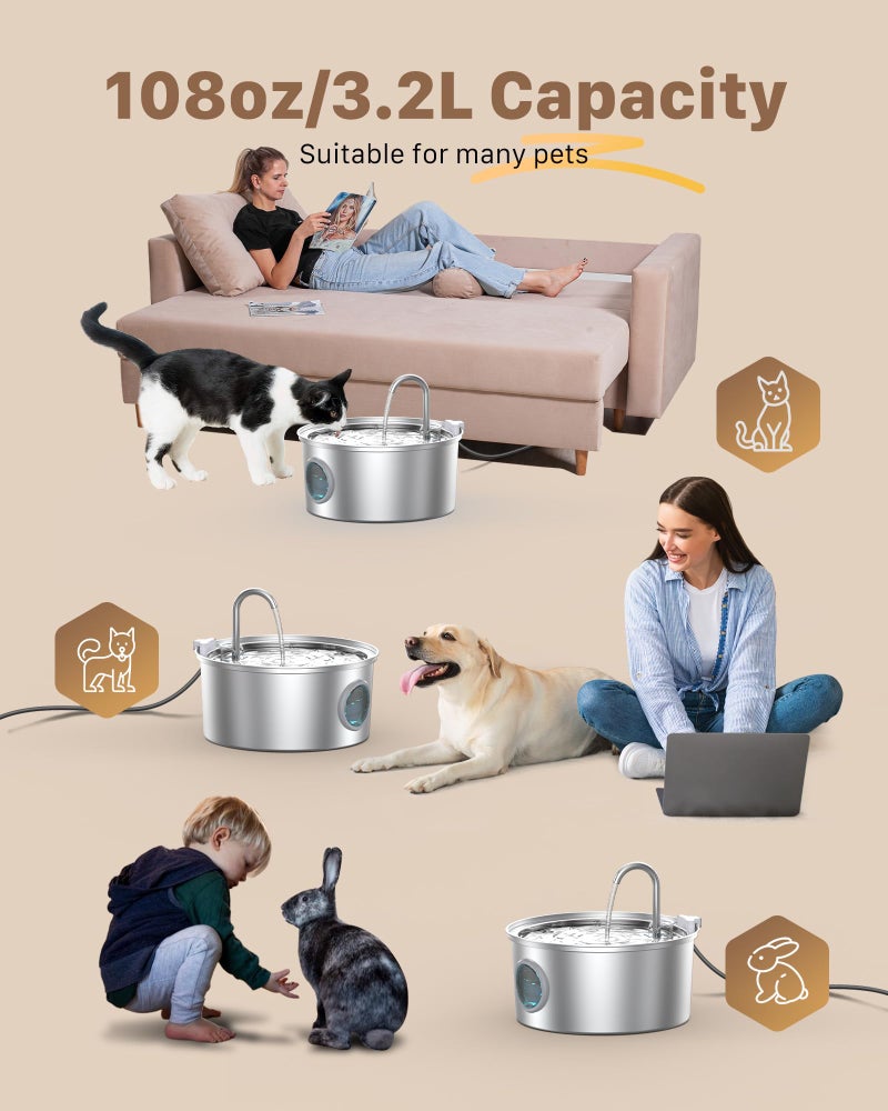 GIOTOHUN Cat Fountains for Drinking Stainless Steel: 108oz/3.2L Cat Water Fountain Led Light - Running Pet Water Fountain Filtered - GIOTOHUN Faucet Like Pet Water Fountains for Cats Indoor with 9 Filters - Image 2