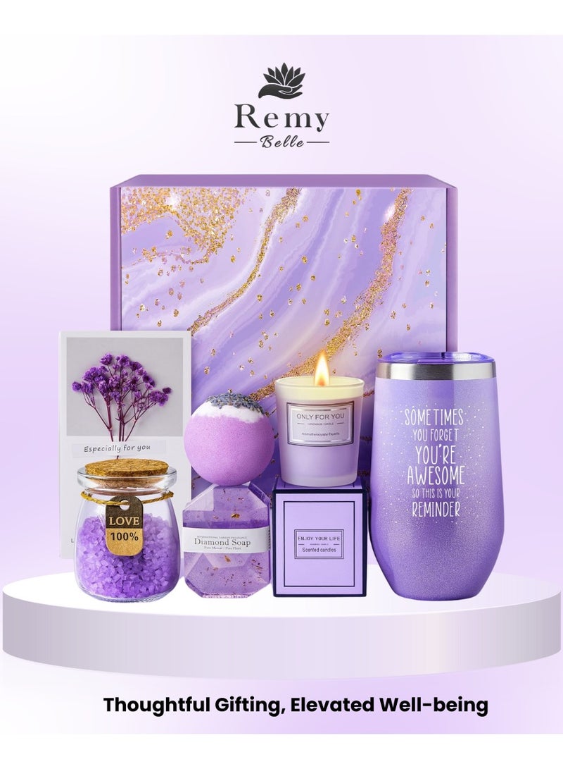 ريمي بيلا سلة هدايا للنساء - مجموعة 6 قطع من الشموع العطرية ومجموعة سبا، هدايا للنساء (بنفسجي) - Image 1