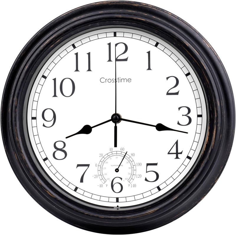 Crosstime 16 Inch Large Outdoor Clock Waterproof with Thermometer Retro Wall Clocks for Patio Pool Garden Home,Bronze - Image 1