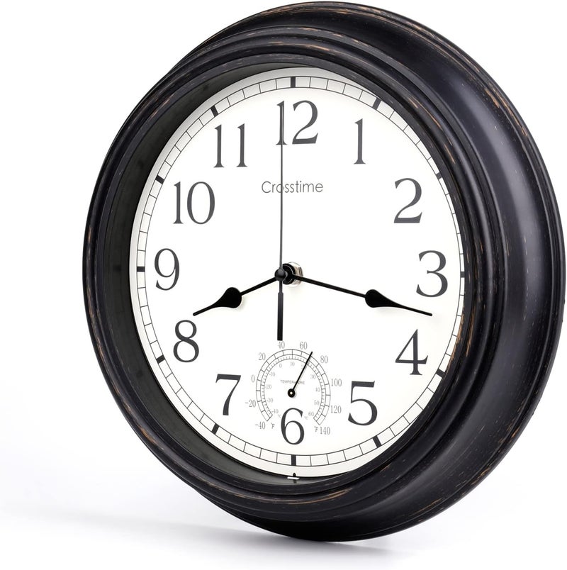 Crosstime 16 Inch Large Outdoor Clock Waterproof with Thermometer Retro Wall Clocks for Patio Pool Garden Home,Bronze - Image 2