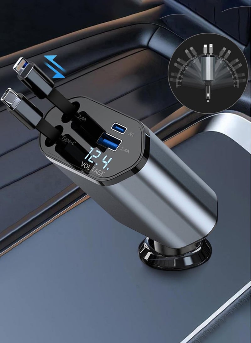 Carebao Retractable Car Adapter, 4 in 1 120w Fast Car Phone Charger, Retractable Cables and 2 USB A+c Ports for Car Charging, Compatible with iPhone Series, Galaxy S23/ S22/S10, Google, Huawei - Image 1