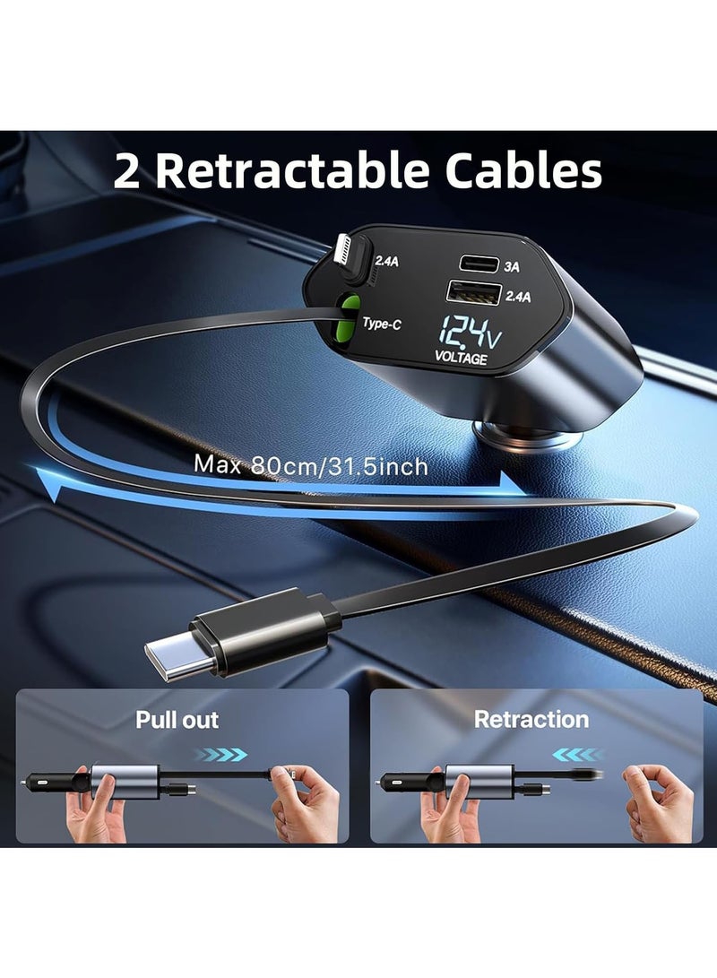 Carebao Retractable Car Adapter, 4 in 1 120w Fast Car Phone Charger, Retractable Cables and 2 USB A+c Ports for Car Charging, Compatible with iPhone Series, Galaxy S23/ S22/S10, Google, Huawei - Image 3