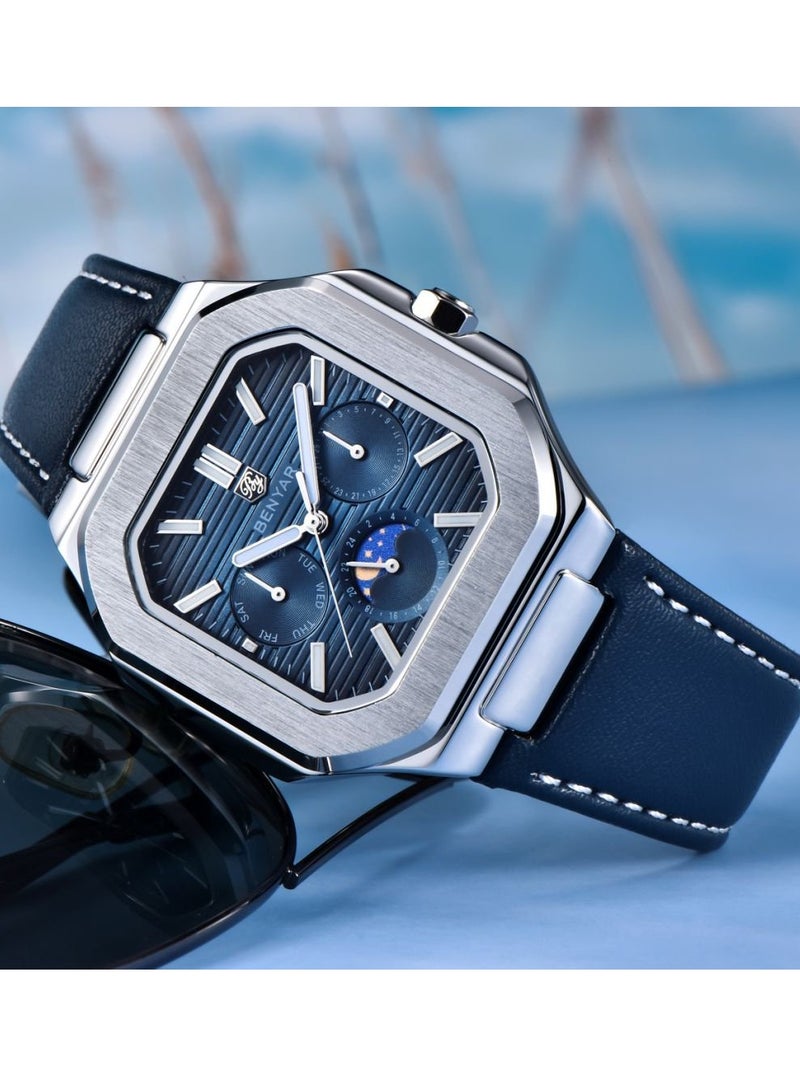 BENYAR Watches for Men Luxury Quartz Water Resistant Watch Men's Chronograph Genuine Leather Strap 5221 - Image 3