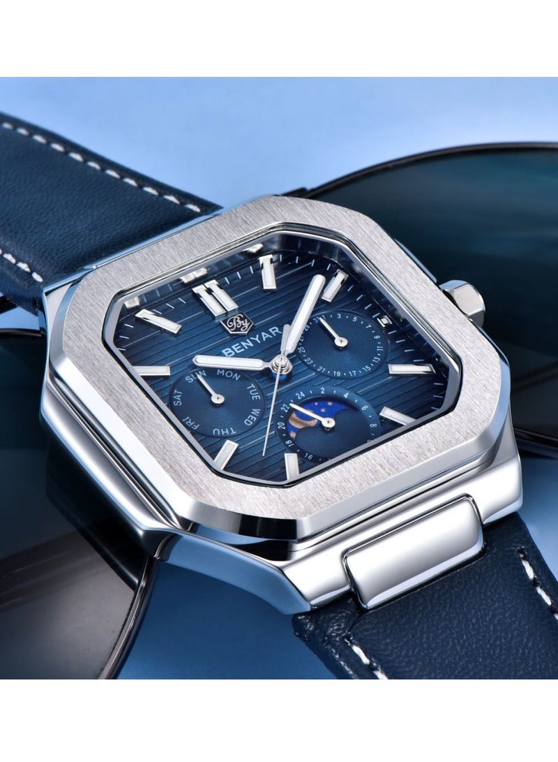 BENYAR Watches for Men Luxury Quartz Water Resistant Watch Men's Chronograph Genuine Leather Strap 5221 - Image 5