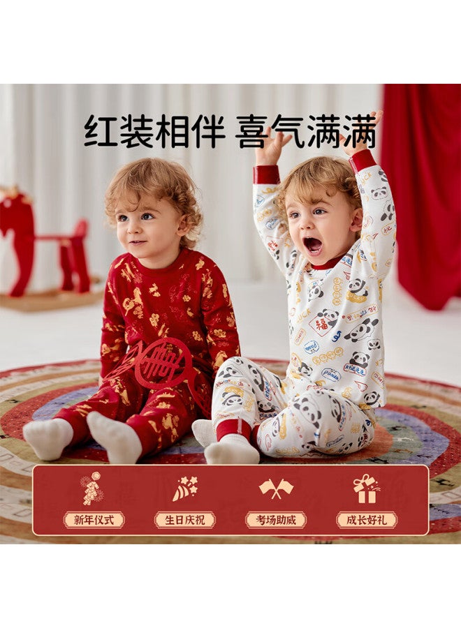 Ouyun Children's Pajamas Baby Boys And Girls Red Xinjiang Cotton Autumn Thermal Underwear Set Panda Tuanzi 80
