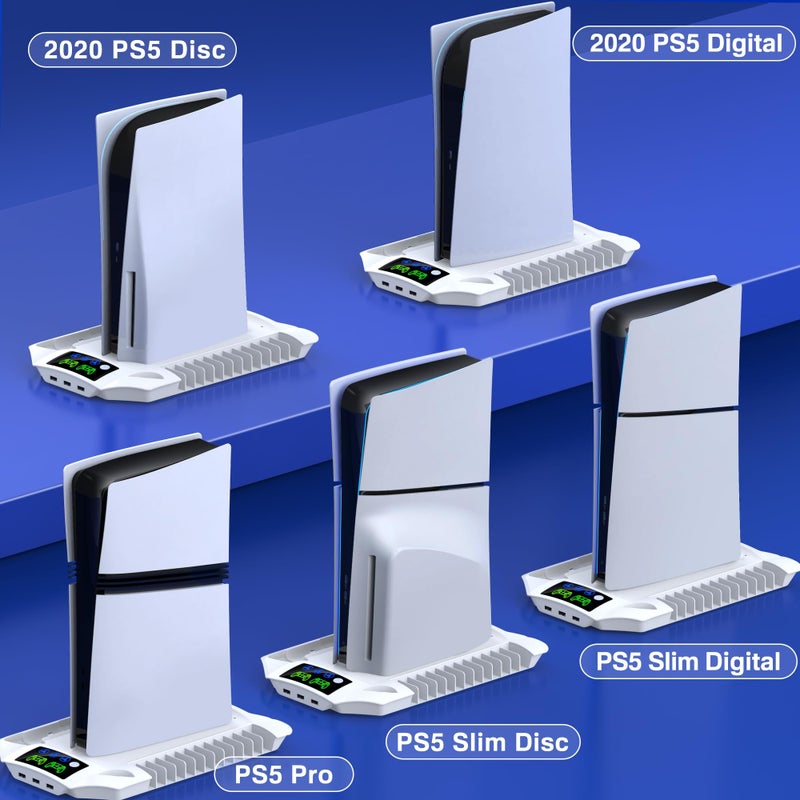 KICKDOT PS5 Pro/Slim/PS5 Stand and Cooling Station with Controller Charging Station for Playsation 5 Disc Digital Console, PS5 Accessories Incl. 3 Levels Cooling Fan, 13 Game Slots, 3 USB HUB, Headset Holder - Image 2