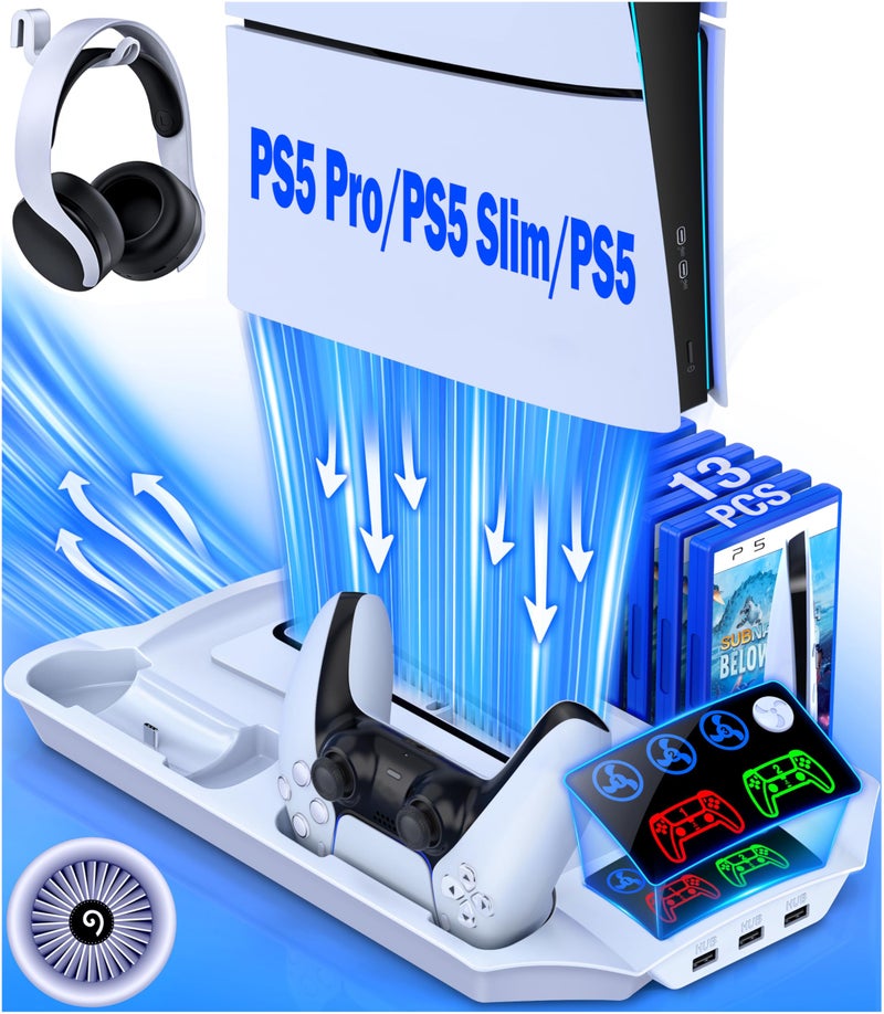 KICKDOT PS5 Pro/Slim/PS5 Stand and Cooling Station with Controller Charging Station for Playsation 5 Disc Digital Console, PS5 Accessories Incl. 3 Levels Cooling Fan, 13 Game Slots, 3 USB HUB, Headset Holder - Image 1