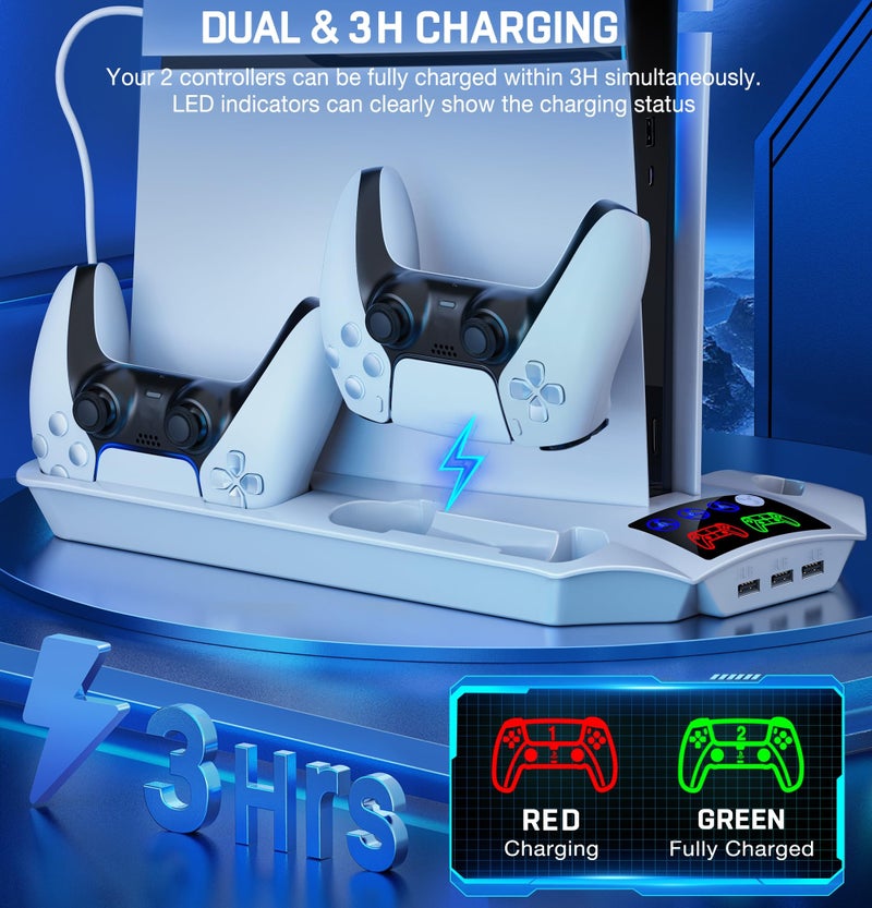 KICKDOT PS5 Pro/Slim/PS5 Stand and Cooling Station with Controller Charging Station for Playsation 5 Disc Digital Console, PS5 Accessories Incl. 3 Levels Cooling Fan, 13 Game Slots, 3 USB HUB, Headset Holder - Image 4