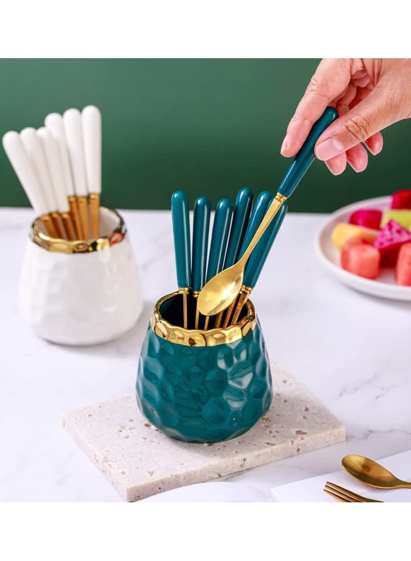 SYOSI Coffee Dessert Spoon Set Coffee Spoon Holder Ceramic Jar Spoon Organizer with Ice Cream Metal Spoons Teaspoons Coffee Dessert Flatware - Image 2